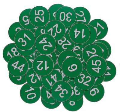 Muoviset numerotunnisteet Kaiverretut numeroidut tunnisteet Id Tunnisteet Avaintunnisteet Ilman reikää Vihreä 51-100
