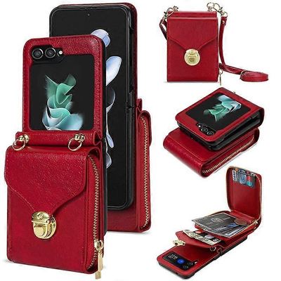 Yhteensopiva Samsung Galaxy Z Flip5 5G PU -nahkapäällysteisen TPU+PC-puhelinkotelon vetoketjullisen taskukorttipaikan suojan kanssa olkahihnalla Pu...