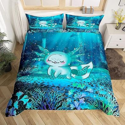 Axolotl Kawaii sengetøjssæt til børn Soveværelse Indretning Blå Axolotl Sød dynebetræk sæt 3 stykker D 160x220cm
