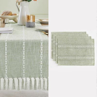 2025 Uusimman mallin vihreä maalaismainen kaitaliina- ja pöytämattosarja; Puuvilla ja pellava maalaistalon pöytä