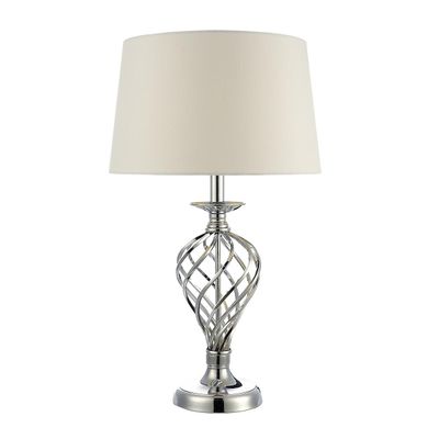 Dar Lighting Iffley Touch bordlampe poleret Chrome Twist Cage Base Komplet med elfenben rund konisk skygge