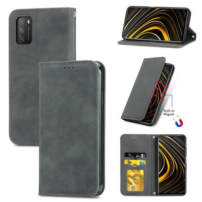 Gangxun Sag For Xiaomi Poco M3 Magnetisk Lukning Læder Tegnebog Cover Housse Etui Shockproof - Grå