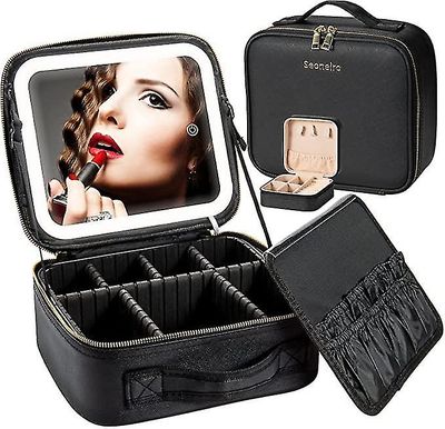Makeup rejsetaske med LED-oplyst spejl Justerbar lysstyrke bærbar vandtæt makeup taske med justerbare skillevægge, Make Up Train Case Organizer Sort