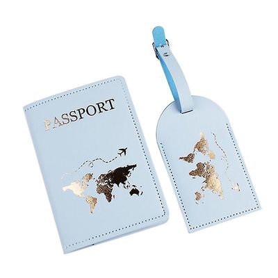 Pass Holder Cover Bagasjelapp Pu Leather Travel Card Holder kompatibel med kvinner menn Lys blå 2 piece set