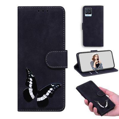 Etui til Realme 8 4g / 8 Pro Butterfly Cover Premium Læder Magnetisk- Pink Sort
