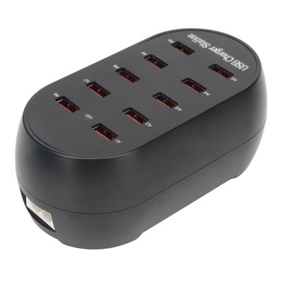 USB-ladestation med 10 porte til hotel, hjem og rejser - Hurtig opladningshub med design af lille skrivebord - Universal 100V til 240V amerikansk stik