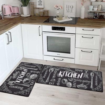 2 kpl väsymistä estävä keittiömattosarja PVC-keittiön lattiamatto vedenpitävät seisovat matot, 40 * 60 + 40 * 110cm, bla Black