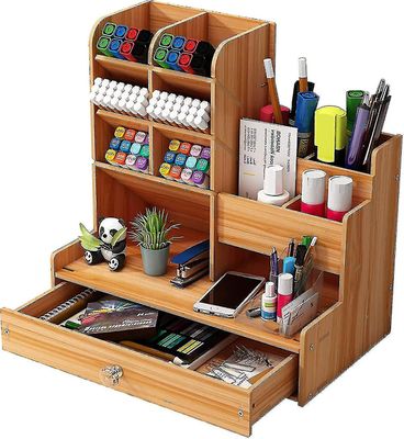 Tre skrivebord Organisering DIY Desktop Tidy Pen Holder Stor kapasitet Statiry Oppbevaringsboks med skuff for hjem, kontor og skole (b17 Cherry Color)