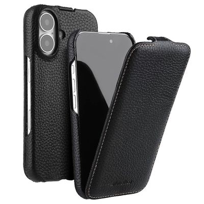 MELKCO iPhone 16 magneettikotelo pystysuora käännettävä aito lehmännahka + PC iskunkestävä kansi - musta