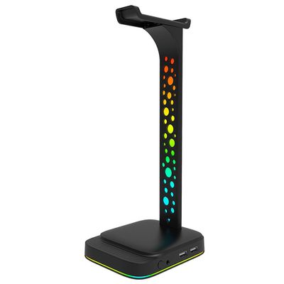 Baodan Rgb-spelhörlurstativ, headsetstativ med 3,5 mm Aux och 2 USB-laddningsportar, skrivbordsspelheadsethållare med gummibas Svart