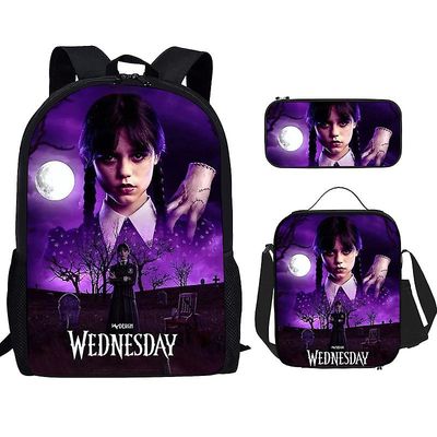 Atuto Onsdag Addams Kids Ryggsekk 3stk / sett Figur Trykt barnehage Blyant Case Gutt Jenter Skulderveske Barn Skolesekk Gaver 17 3Pcs