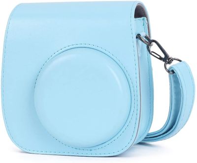 Linkrunning Øjeblikkelig kamerataske kompatibel med Instax Mini 11, PU-lædertaske med lomme og justerbar skulderrem (himmelblå)