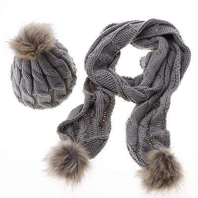 Varychmoo Kvinders strikkede hue hatte Pom Bobble tørklæde sæt Stretch Vinter Varm Softy Caps Grå