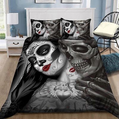 v831 Lakanat Sugar Skull Pariskunta Love Quilt pussilakanasetti Super Doona Cover3-osainen vuodevaatteet (1 pussilakana + 2 tyynytyynyä) Lakanat gt...