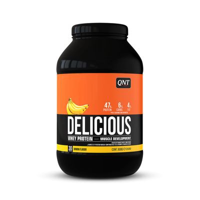 QNT Delicious heraproteiinijauhe kehonrakennukseen lihasmassan kasvuun Banaani 908g