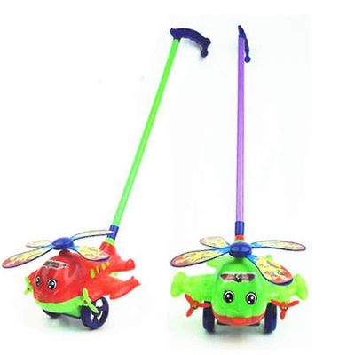 Baby Walker Toy Hand Push Pull Kävelee Lentokoneen sauva Työnnä kärryä Yksi sauva vilkkuu silmät Vedä M-kone kellon kanssa