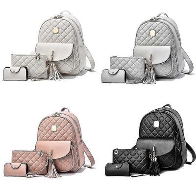 Reppu 3 kpl Tupsut Olkapäät Reppusetti naisille, PU Nahka Romboidit Reput Tyylikäs koulupäiväreppu (D-) musta