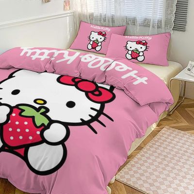 Vuodevaatteet JP265 Hello Kitty mansikkalohduttaja lakanoilla - 3-osainen vuodevaatteet sisältävät tyynynpäälliset - Erittäin pehmeä vuodevaatteet ...