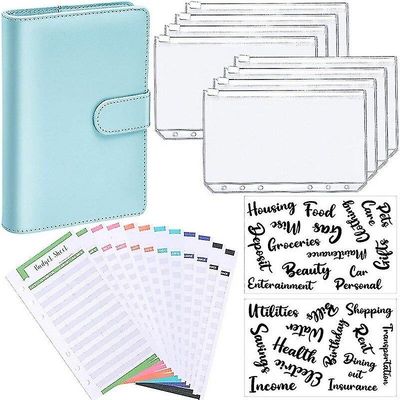 A6 Binder Budget Planner Notebook Dækker Mappe Størrelse 6 hul lommer Plast Lynlås Penge Saving Envelope Blå