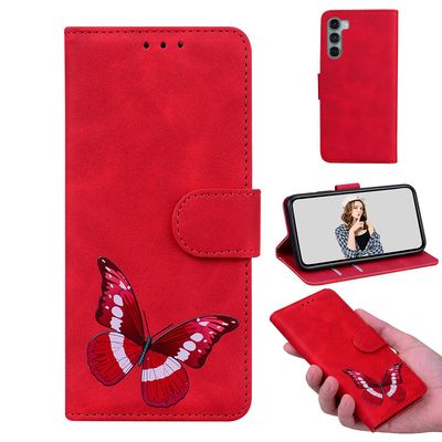 Etui til Motorola Moto G200 5g Butterfly Cover Premium Læder Magnetisk- Pink Rød
