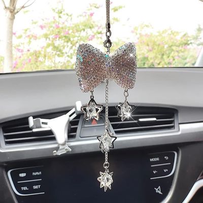 Linkrunning Car Bling Bakspejl Hængende tilbehør til kvinder Pige Rhinestone Crystal Charm Auto Vedhæng Ornament med Kvast Bling Bil Dekoration Sød...