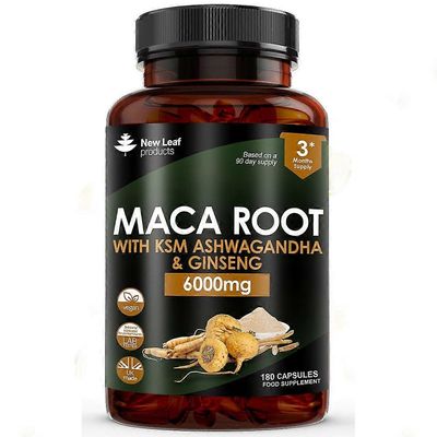 New Leaf Products Uudet lehtituotteet Maca Root + KSM-66 Ashwagandha ja Ginseng 6000mg 180 kapselia