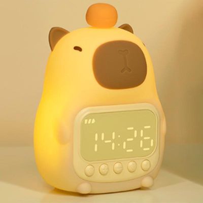 Capybara yövalo digitaalisella herätyskellolla, söpö lastentarhan lamppu ladattava napautus himmennettävä silikoni yövalo lapsille