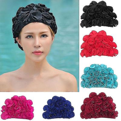 Naisten uimalakki Uusi elastinen nailonkangas suojaa korvia pitkät hiukset urheilu uima-allas hattu naisille ulkona Musta