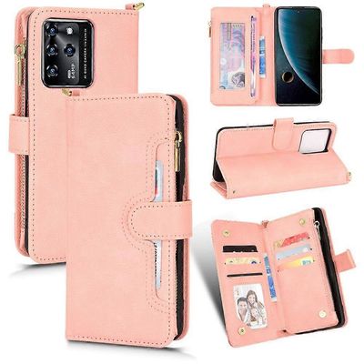Yhteensopiva ZTE Blade V30 Flip Case PU -nahkaisten magneettikorttipaikkojen hihnan kanssa käsilaukku Vaaleanpunainen
