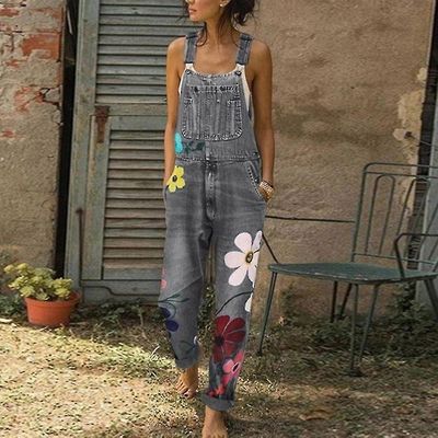 Womenins Denim Jeans Hagesmæk Bukser Casual Button Solid Long Rompers Jumpsuits Grå M