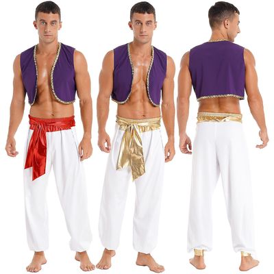Mens Halloween kostyme mytiske prins Aladin karneval karneval cosplay party antrekk paljett trim vesten med belte bukser Gull A XXXL