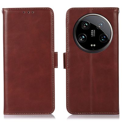 Xiaomi 14 Ultra -kotelolle aito lehmännahkainen puhelimen kansi, jossa RFID-estolompakko - ruskea