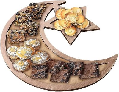 Tianzun Eid-koristeet Ramadan-puutarjotin Puinen kuutähti Eid Mubarak -juhlat Tarjoilevat astioita jälkiruokalautasia Leivonnaiset tarjotin aamiais...