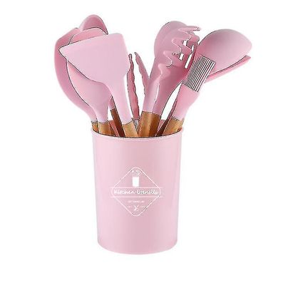 Yunshu 12-delt madlavning non-stick silikone køkkenudstyr sæt træhåndtag Pink