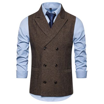 Allthemen Herre Dobbeltradet Peak Revers Business Casual Suit Vest Kaffe L