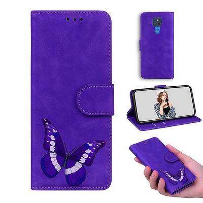 Etui til Motorola Moto G Play 2021 Butterfly Cover Premium Læder Magnetisk- Pink Lilla