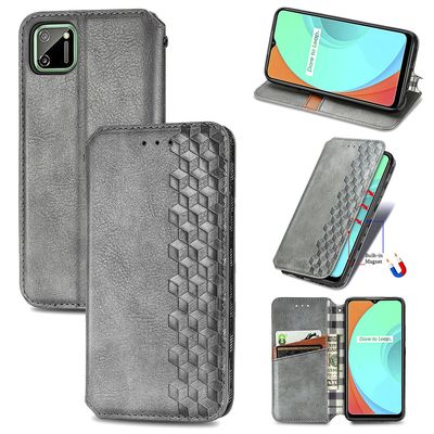 Kompatibel med Realme C11 Flip Case Etui Vintage Wallet Flip Cover med magnetisk lukning Coque - Blå grå