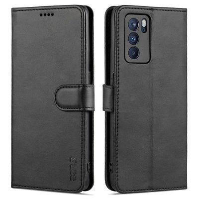 OPPO Reno6 Pro 5G AZNS Skin Feel Calf Texture Horizontal Flip -nahkakotelo, jossa on korttipaikat ja pidike ja lompakko Musta