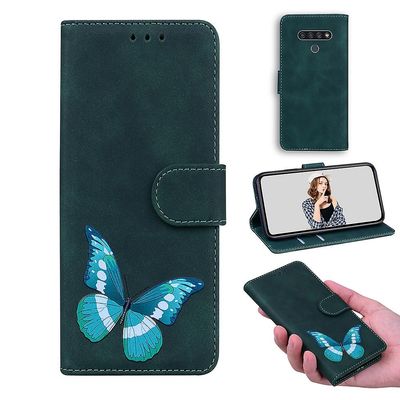 Etui til Lg K71 Butterfly Cover Premium Læder Magnetisk- Pink Grøn