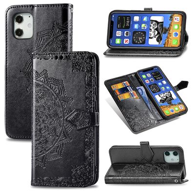 Etui til Iphone 12 Cover Læder Tegnebog Cover Prægning Mandala Magnetisk Flip Protection Stødsikker - Sort