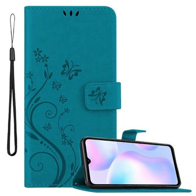 Xiaomi RedMi 9A / RedMi 9AT suojakotelo - kukkakuviolla ja korttipaikalla KUKKA SININEN