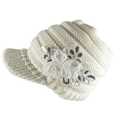 Fashion Winter Kvinders Strikkede Hat, Flat Top Sun Hat, Varm Hue, Baseball Cap med blomster Hvid