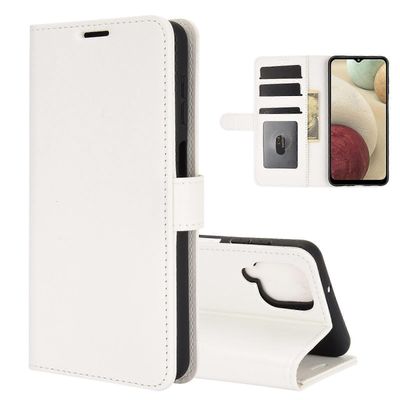 Samsung Galaxy A12 R64 Texture Single Horizontal Flip -suojakotelo pidikkeellä ja korttipaikoilla sekä lompakko ja valokuvakehys Valkoinen