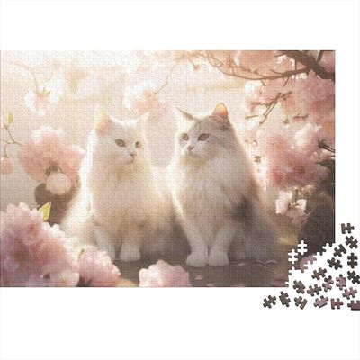 Søt hvit katt puslespill for voksne 1000/500/300 stykker Papp rosa blomsterdyr Puslespill-Slapp av puslespill spill-hjernetrim puslespill 1000pcs
