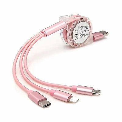 3in 1 Sopii iPhone TYPE-C Micro b teleskooppinen yhdestä kolmeen mobiililatauskaapelin latauskaapeli vaaleanpunainen