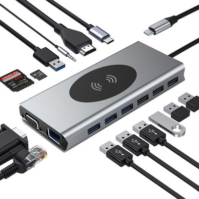 15-in-1 Type-C Hub -monitoimiadapteri HDMI:llä, VGA:lla, Ethernetillä, USB C PD:llä