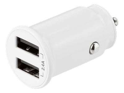 USB car charger, 2x USB-A, 2.4 A, total 12 W, white
