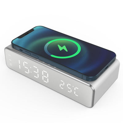Digital LED väckarklocka med trådlös laddare/termometer Silver