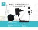 Oplader met iOS/Android-kabel en USB-stekker 2,1 ampère.