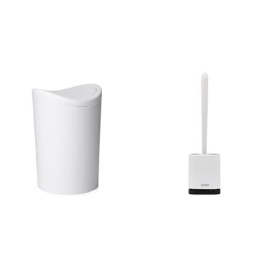 TATAY Bathroom Bin with Tipping Lid, 6L Capacity, White + Silicone Toilet Brush, Flexible, with Quick Drying Ventilation, Gray Brush.